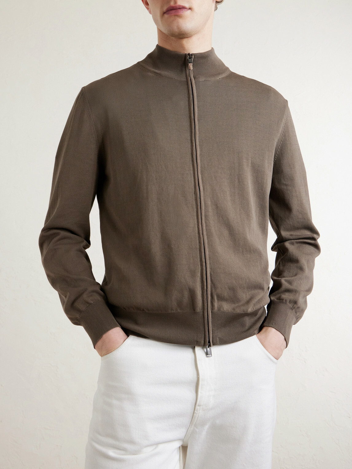 Canali - Slim-Fit Cotton Zip-Up Sweater - Brown