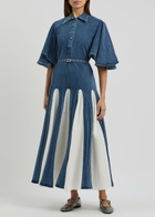 Lovebirds Panelled Denim and Cotton-poplin Midi Dress Blue