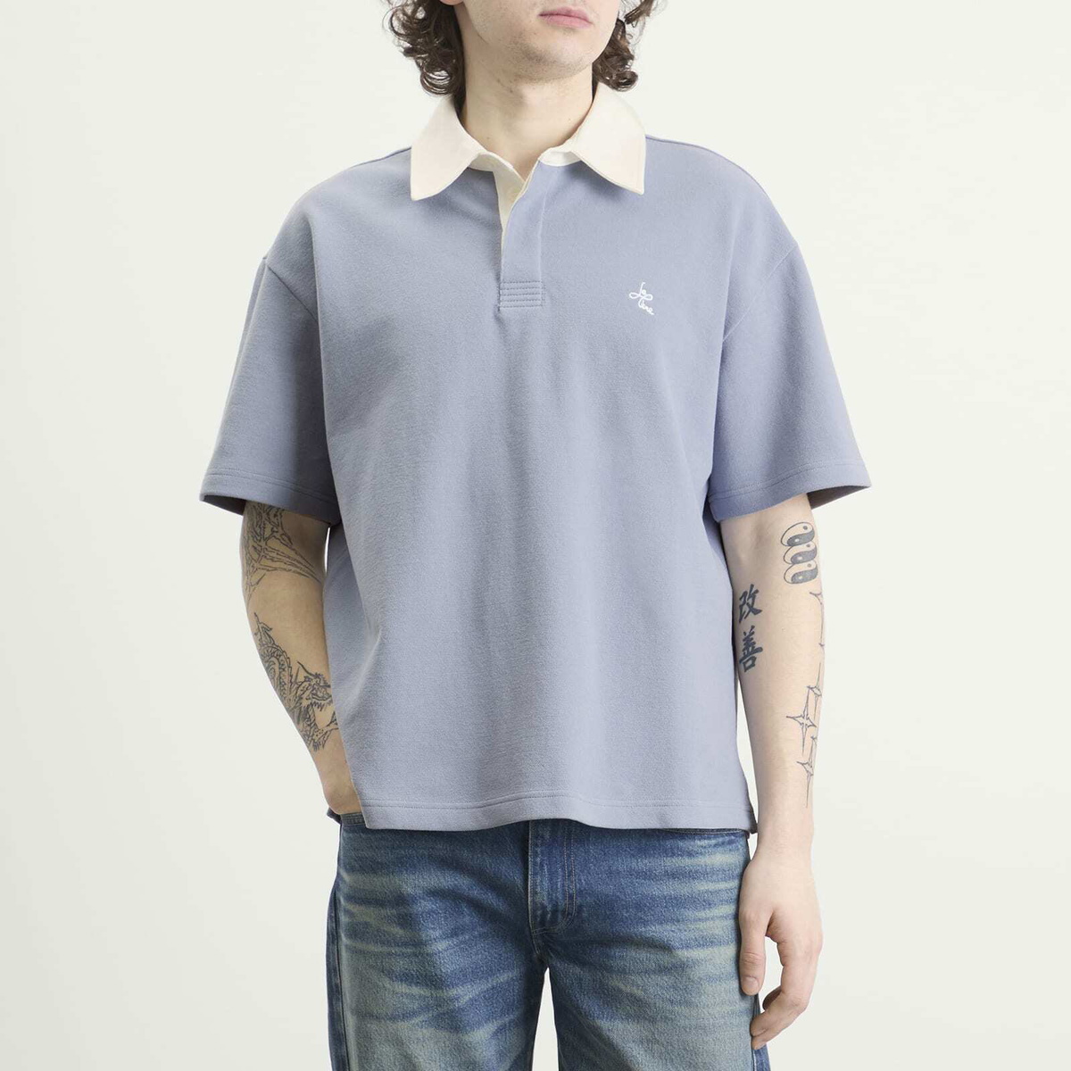 Le Père Men's Short Sleeve Rugby Polo in Blue Grey