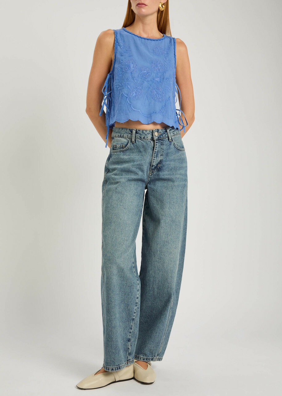 Free People Faded Gardens Floral-embroidered Cotton Tank Blue