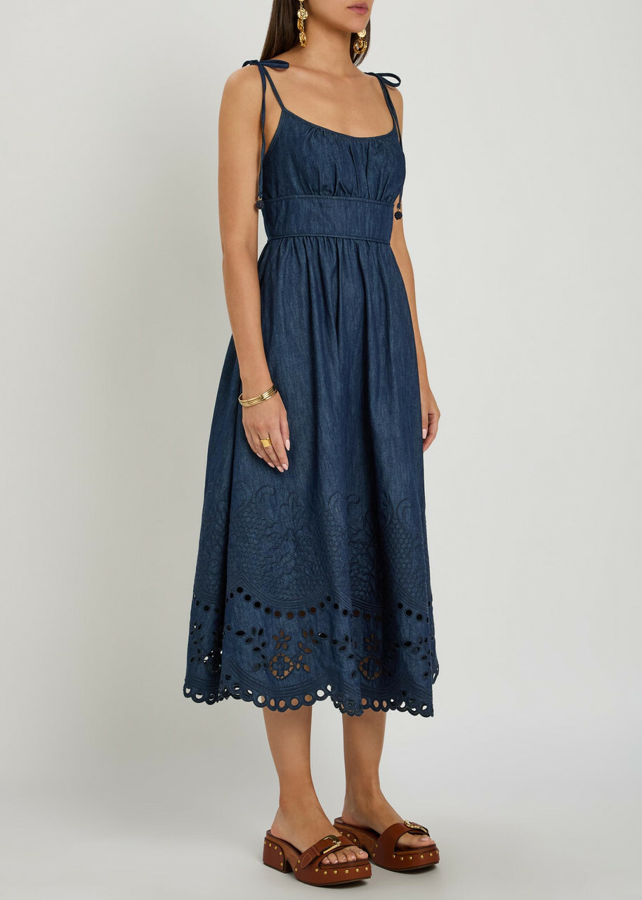 Zimmermann Mahon Broderie Anglaise Denim Midi Dress Navy