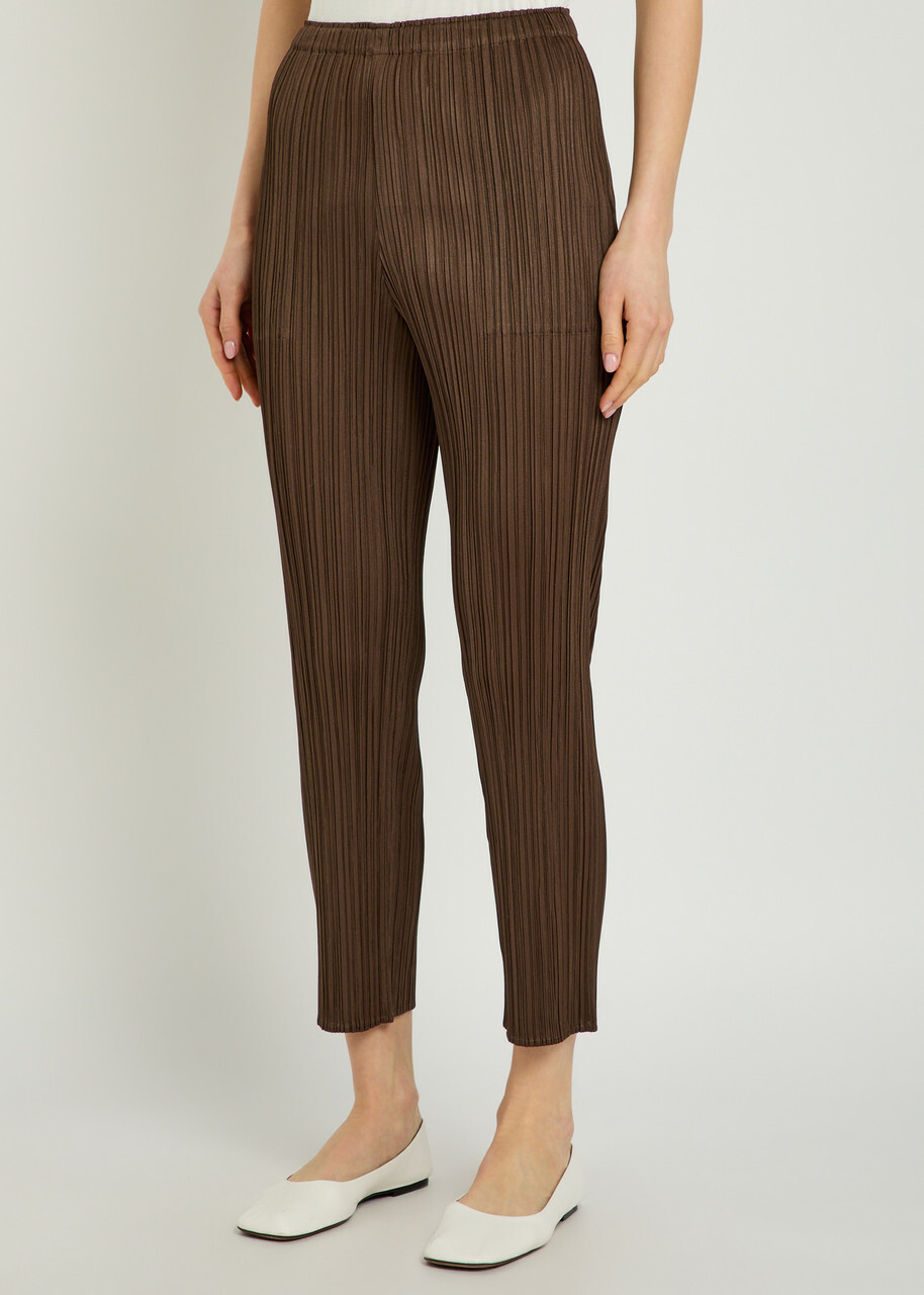 Pleats Please Issey Miyake Pleated Tapered-leg Woven Trousers Brown