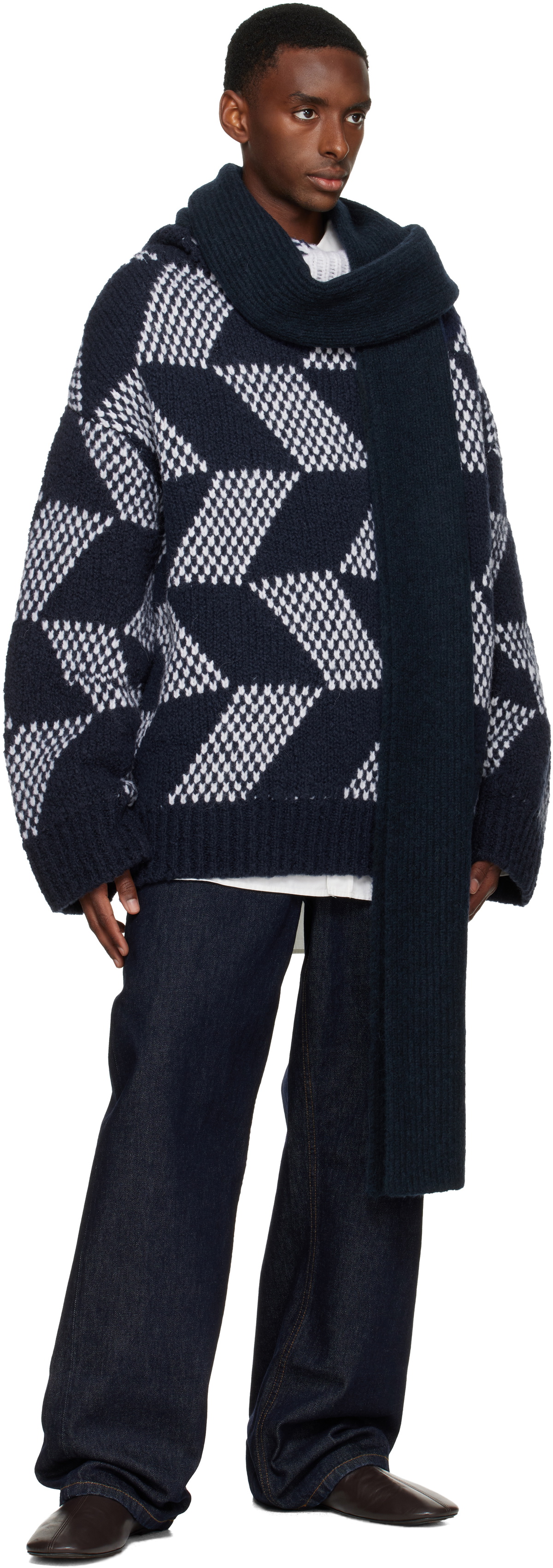 Dries Van Noten Navy Wool Scarf