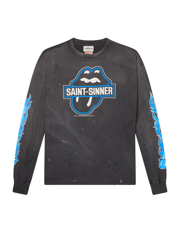 Photo: SAINT MXXXXXX - The Rolling Stones Fire Printed Distressed Cotton-Jersey T-Shirt - Black