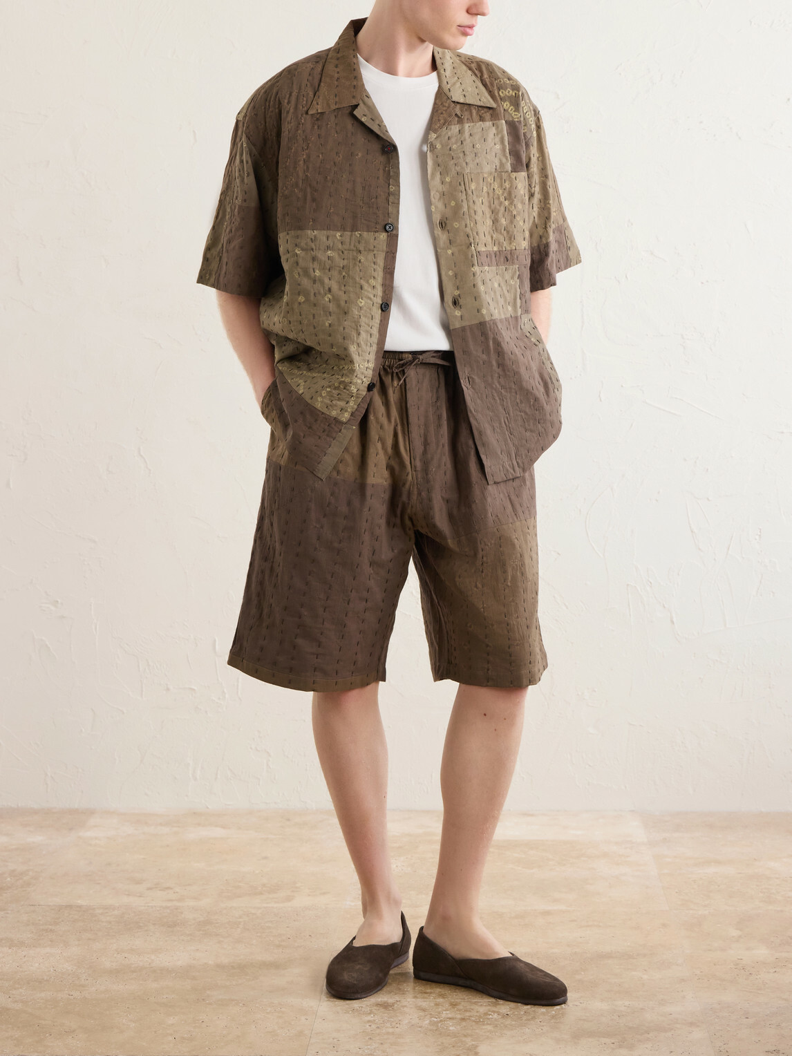 Kardo - Rohit Bandhani Convertible-Collar Patchwork Embroidered Cotton Shirt - Brown