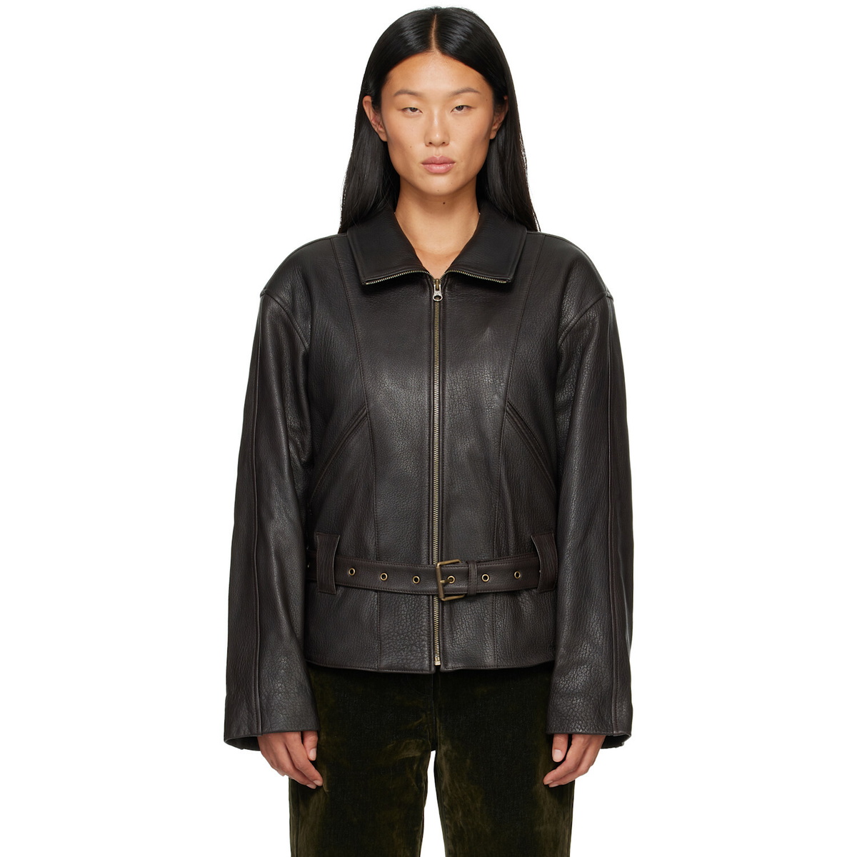 OPEN YY Brown Belted Leather Jacket