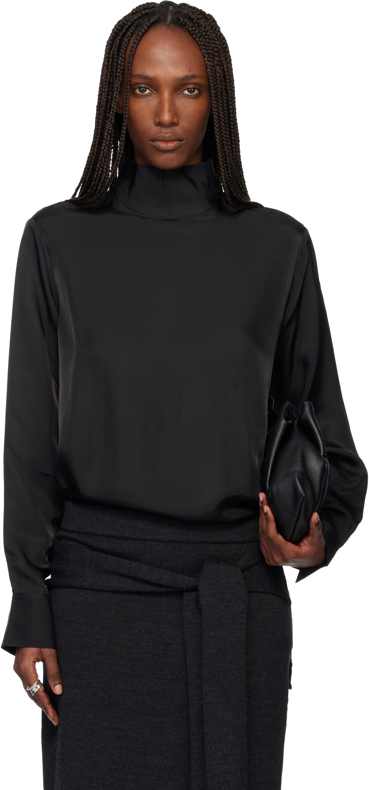 TONYWACK Black Liquid Oversized High Neck Blouse