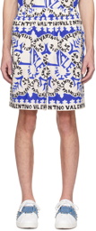 Valentino White & Blue Mini Bandana Bermuda Shorts