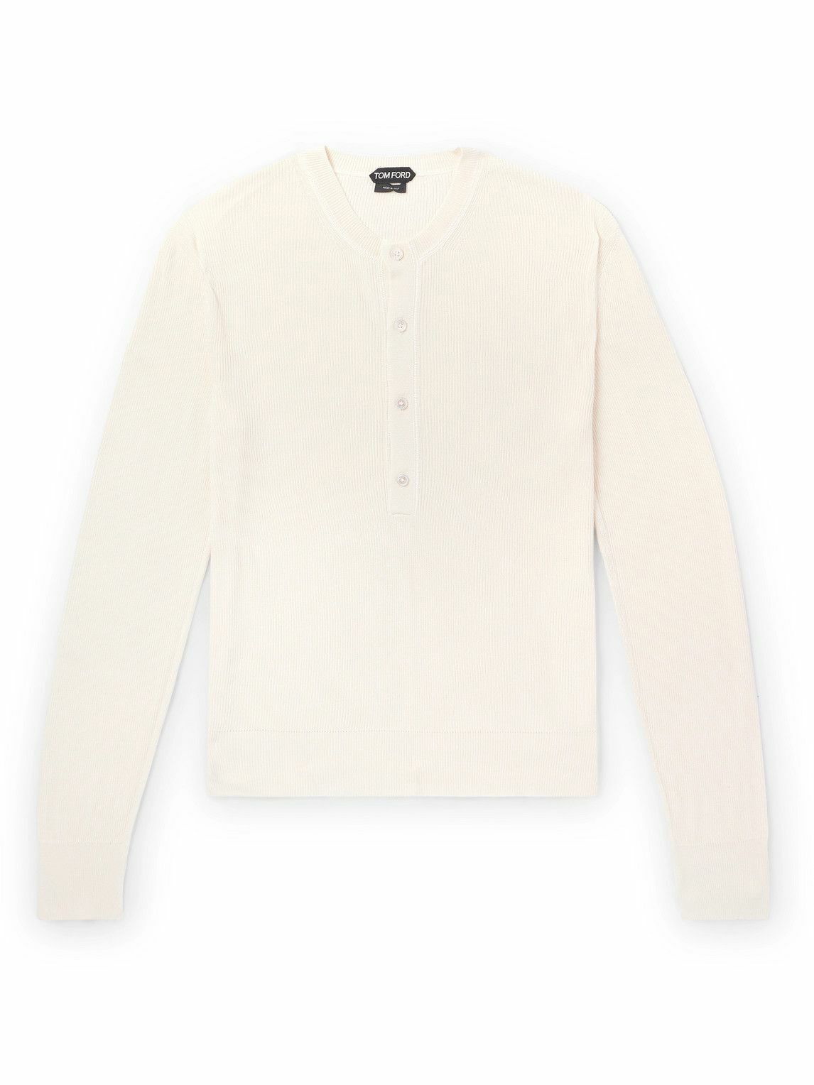 Photo: TOM FORD - Ribbed Silk-Blend Henley Shirt - White