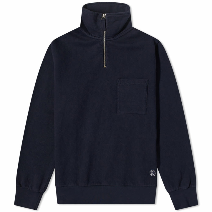 Photo: Universal Works Men's Quarter Zip Sweat in Deep Blue