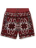 AMIRI - Wide-Leg Leather-Trimmed Bandana-Print Fleece Drawstring Shorts - Burgundy