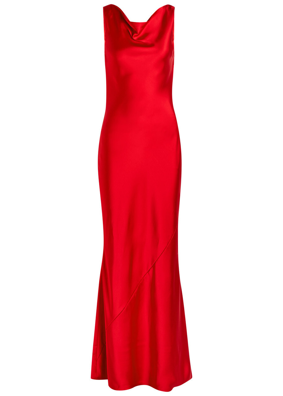 Norma Kamali Sleeveless Low Back Drape Satin Gown Red