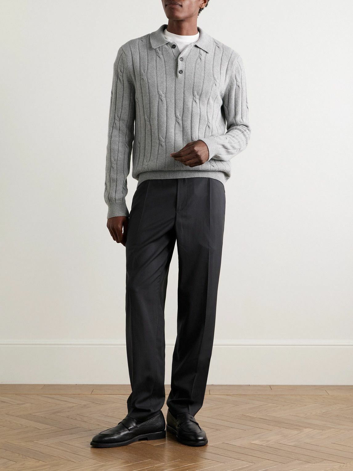 Incotex - Incotex Zanone Cable-Knit Virgin Wool and Cashmere-Blend Polo Shirt - Gray