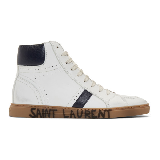 Photo: Saint Laurent White and Navy Joe Mid-Top Sneakers