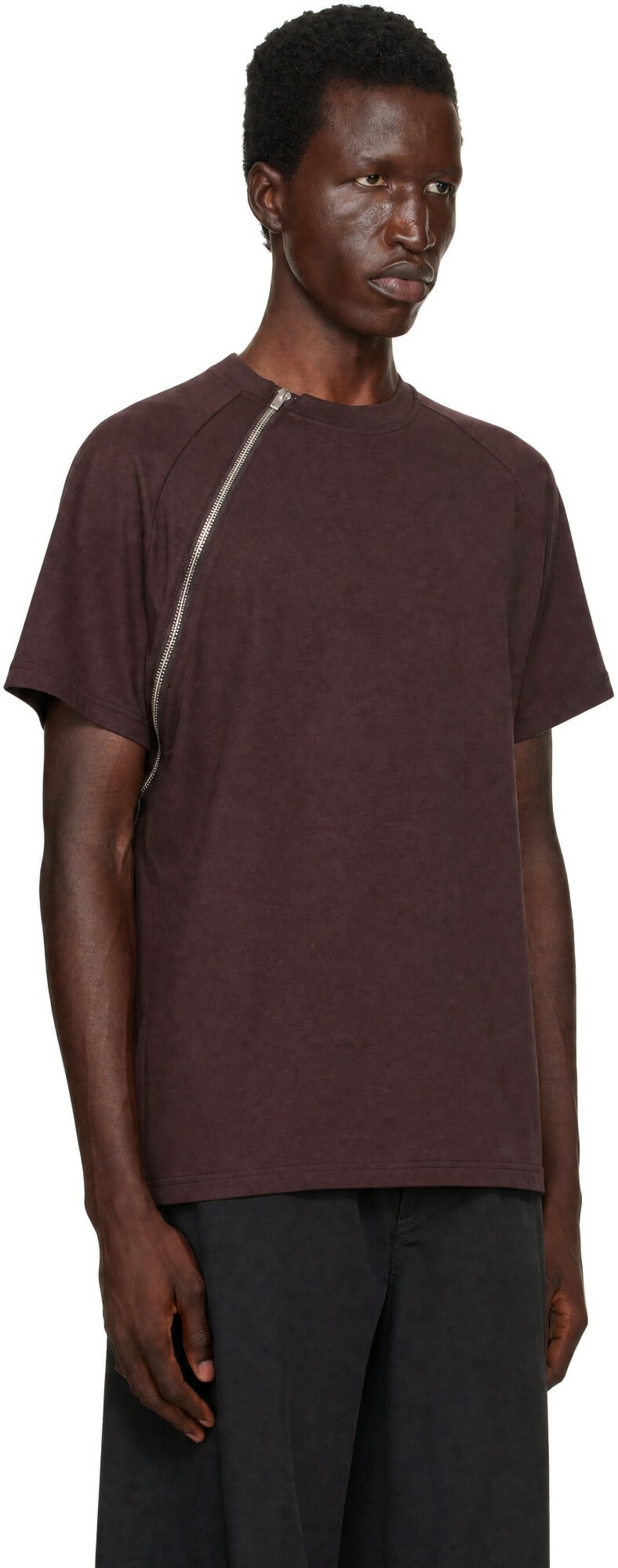 HELIOT EMIL Burgundy Sequence Zip T-shirt