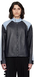 Wales Bonner Navy Marvel Leather Jacket