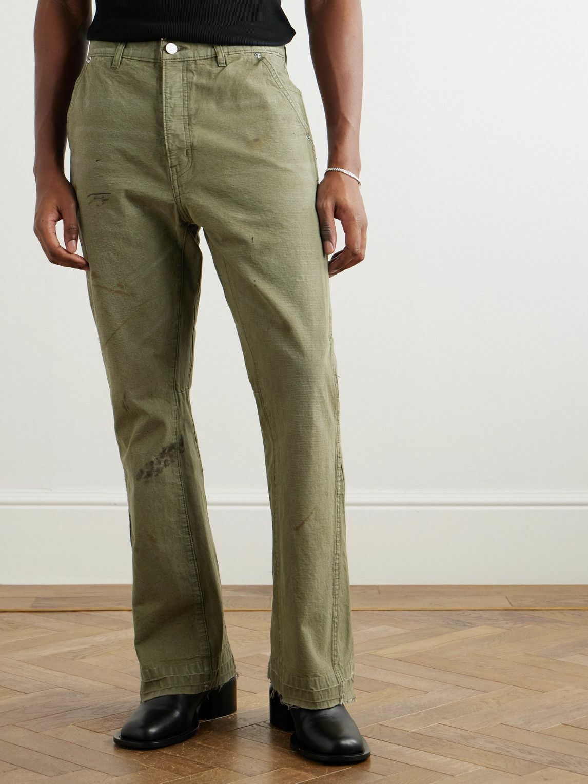 Gallery Dept. - Flared Distressed Cotton-Canvas Cargo Trousers - Green