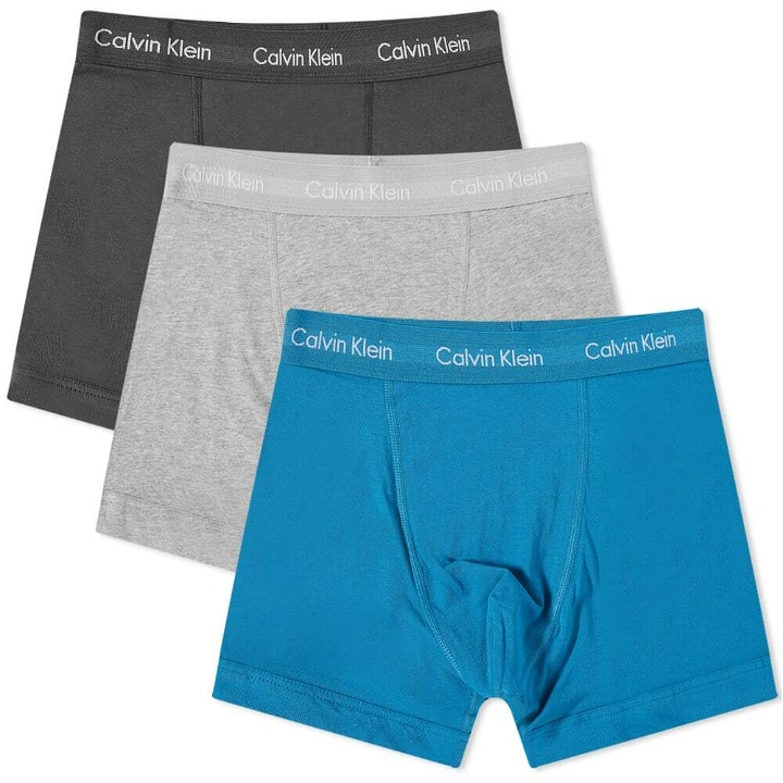 Photo: Calvin Klein Men's Cotton Stretch Trunk - 3 Pack in Dark Grey/Grey Heather/Teal