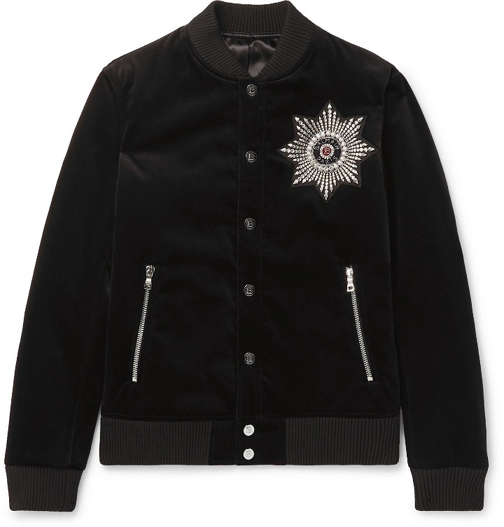 Photo: Balmain - Crystal-Embellished Cotton-Velvet Bomber Jacket - Black