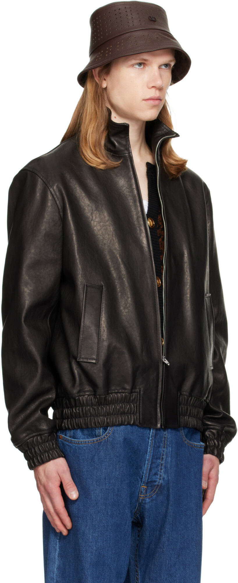 Valentino Black High Neck Leather Jacket