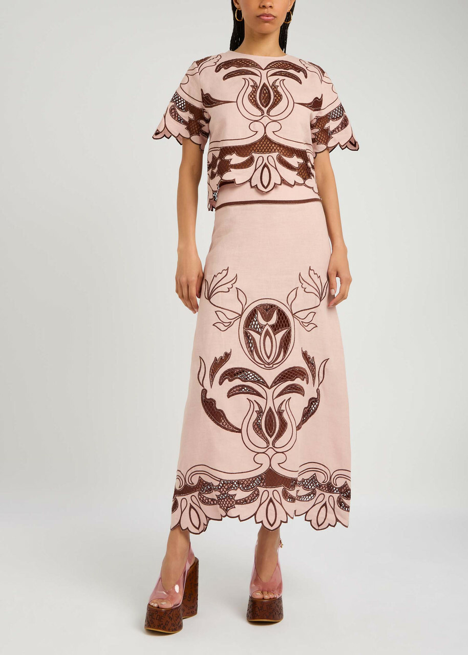 Lug Von Siga Rosalie Embroidered Linen Midi Skirt Pink