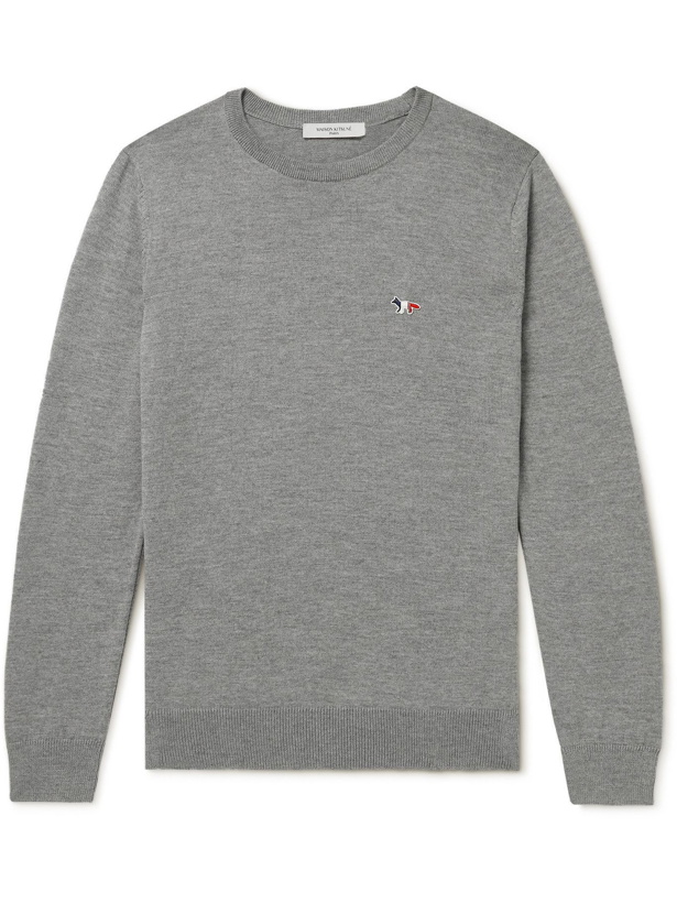 Photo: MAISON KITSUNÉ - Slim-Fit Logo-Appliquéd Wool Sweater - Gray