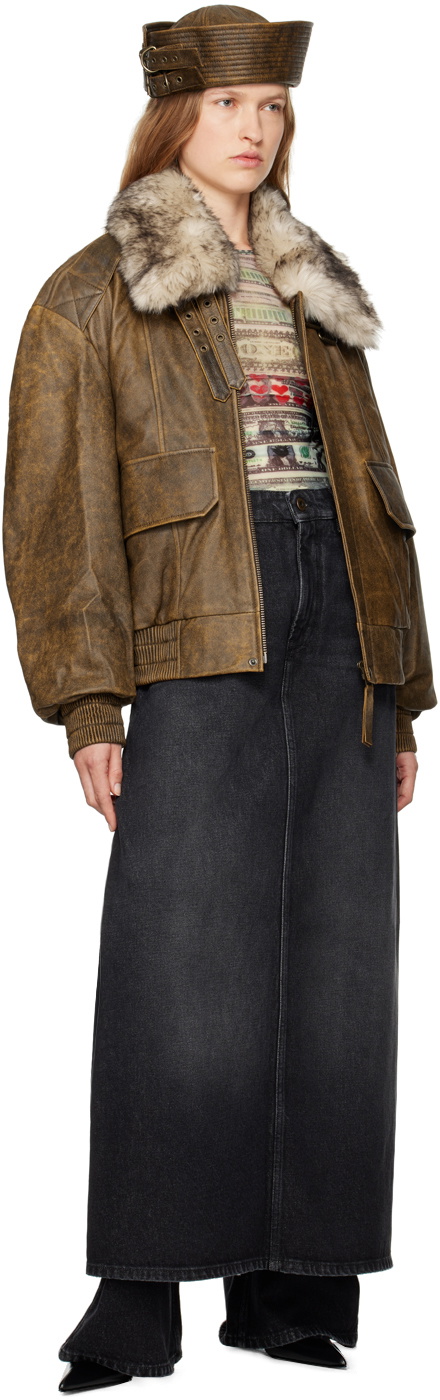 VAQUERA Brown Faded Leather Bomber Jacket
