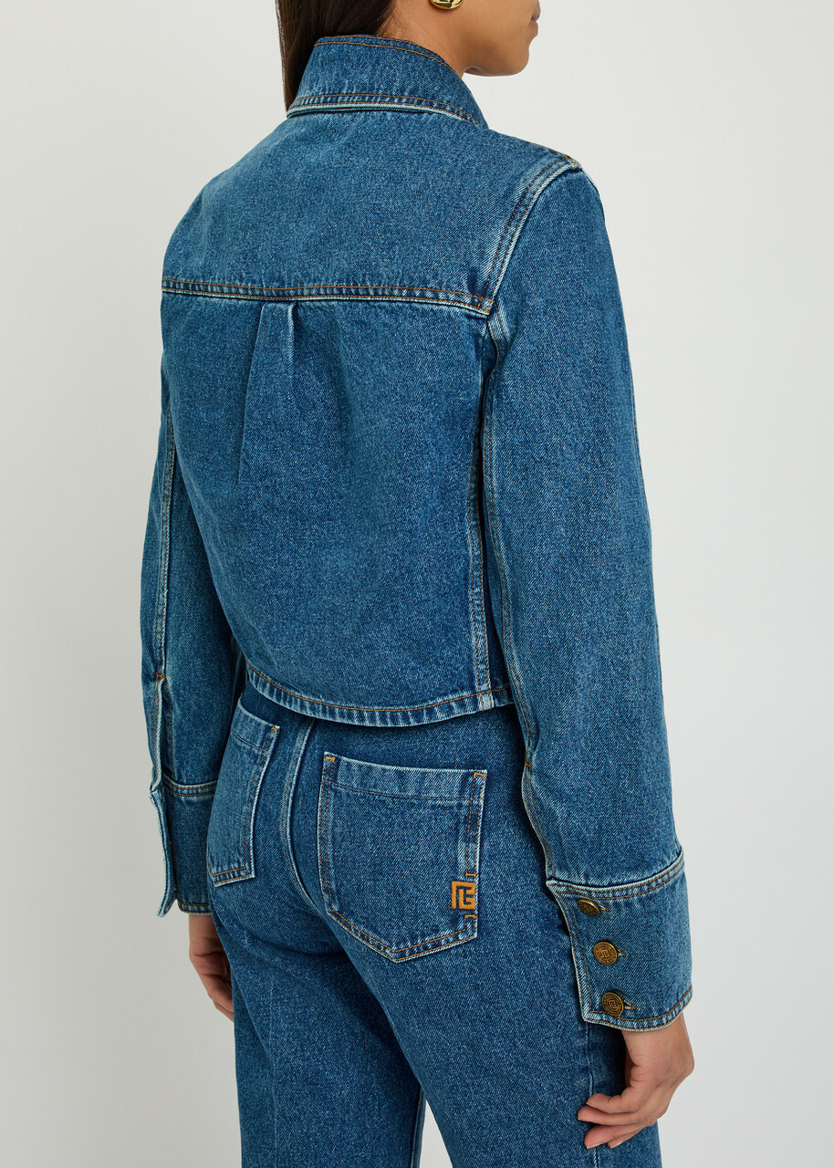 Balmain Cropped Denim Jacket Dark Blue