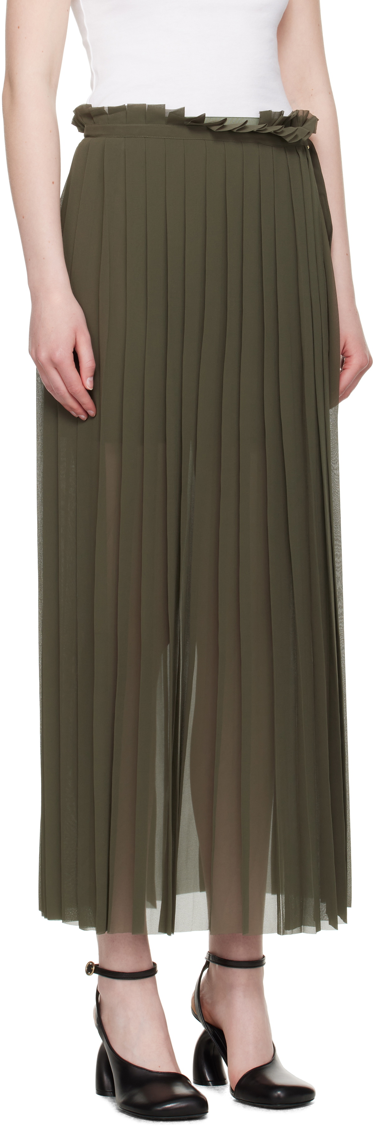 AMI Paris Khaki Pleated Midi Skirt