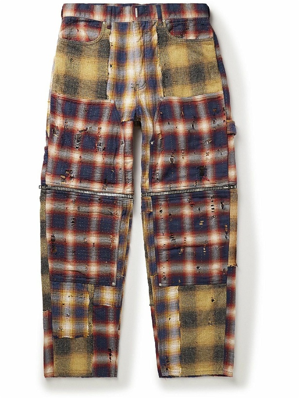 Photo: Givenchy - Straight-Leg Convertible Distressed Checked Cotton-Flannel Trousers - Brown