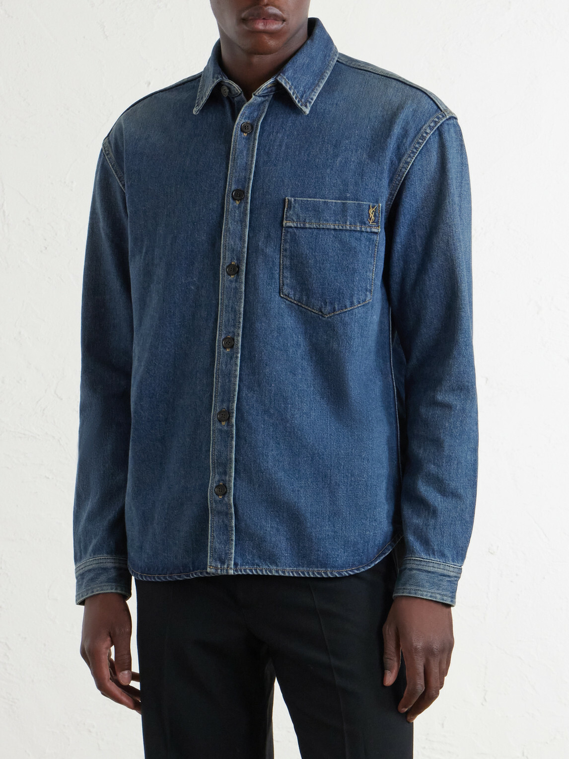 SAINT LAURENT - Logo-Embroidered Denim Shirt - Blue