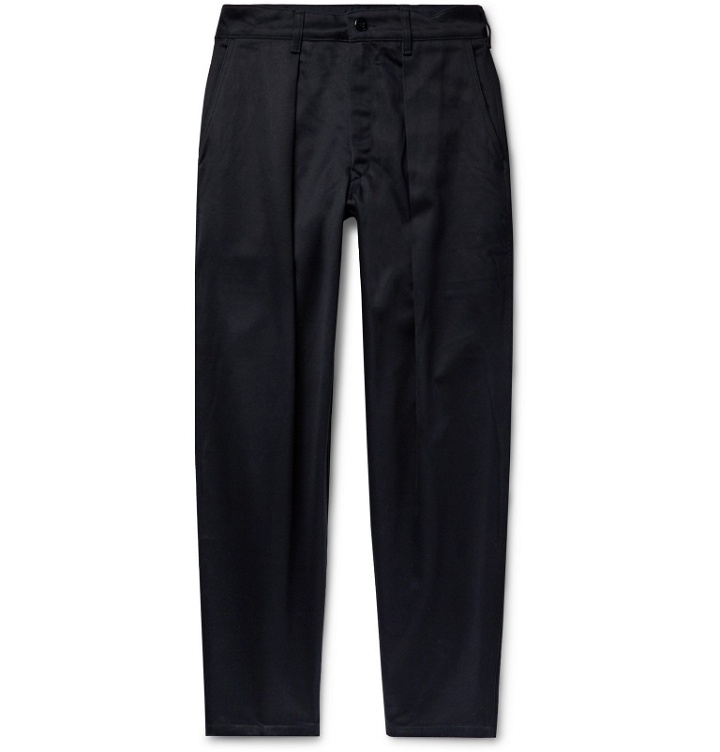 Photo: Monitaly - Tapered Pleated Cotton-Sateen Trousers - Blue