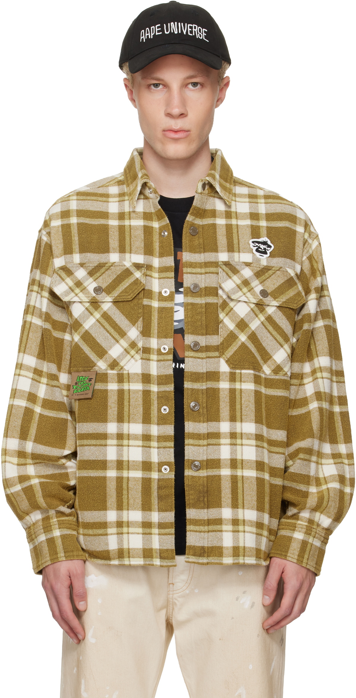 AAPE by A Bathing Ape Khaki Moonface Check Long Sleeve Shirt