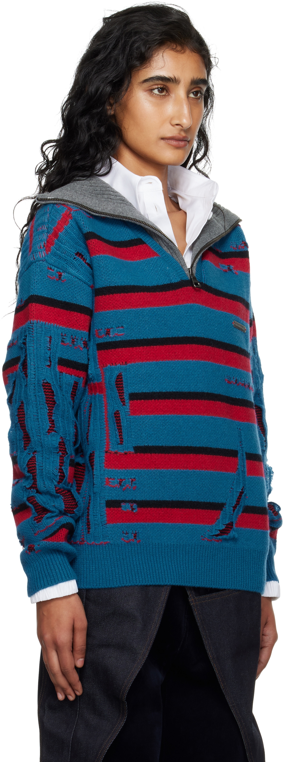 Andersson Bell Blue & Red Stripe Jacquard Half Zip-Up Sweater