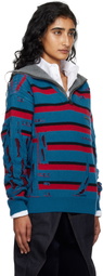 Andersson Bell Blue & Red Stripe Jacquard Half Zip-Up Sweater