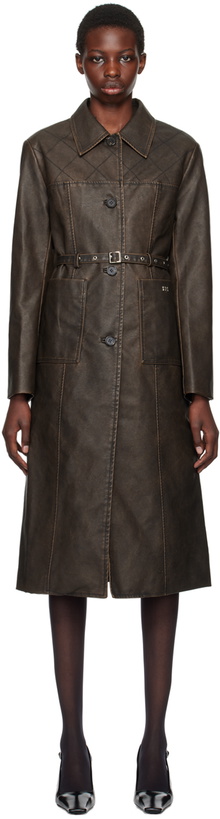 Photo: Kijun Brown Stitched Faux-Leather Coat