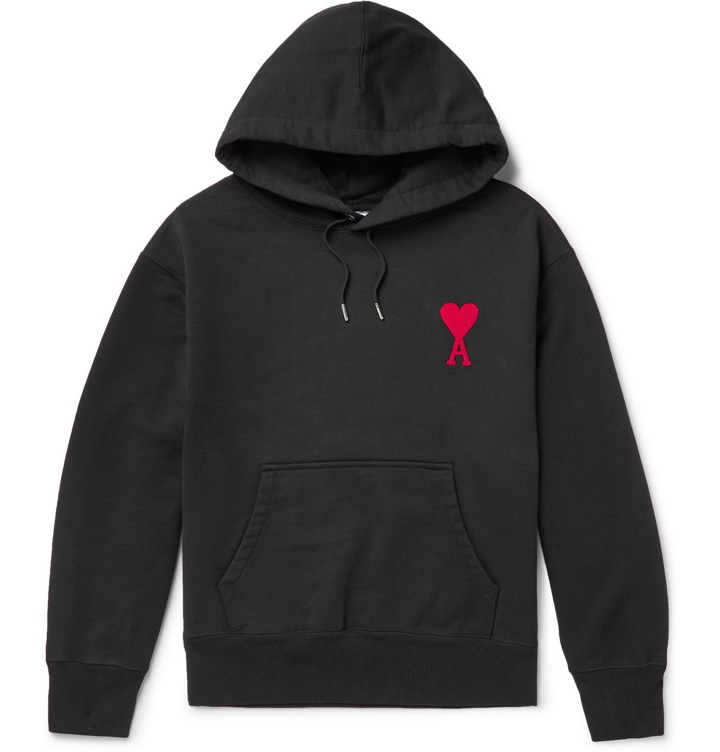 Photo: AMI - Logo-Embroidered Loopback Cotton-Jersey Hoodie - Black