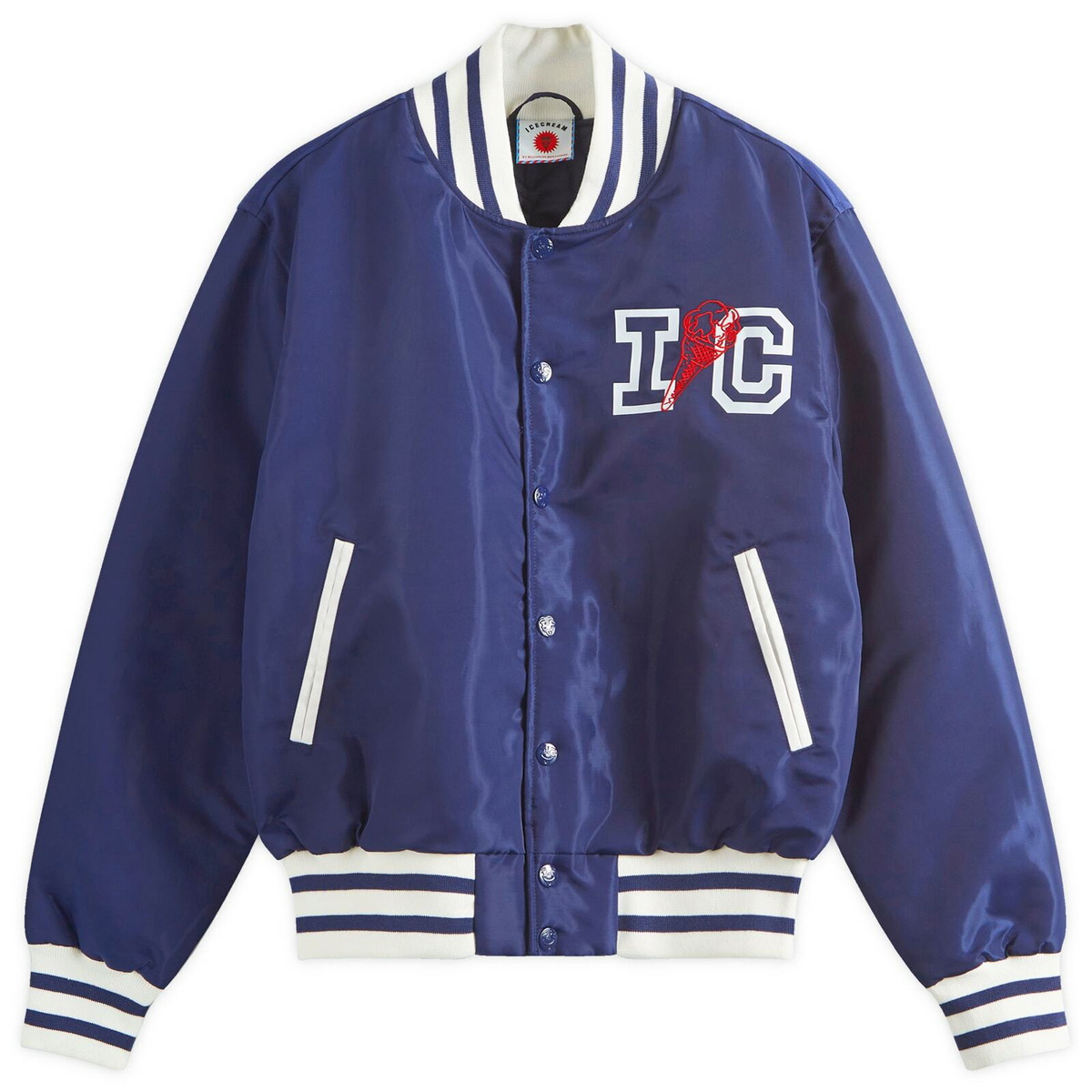 ICECREAM Men's IC Classic Satin Varsity Jacket in Navy