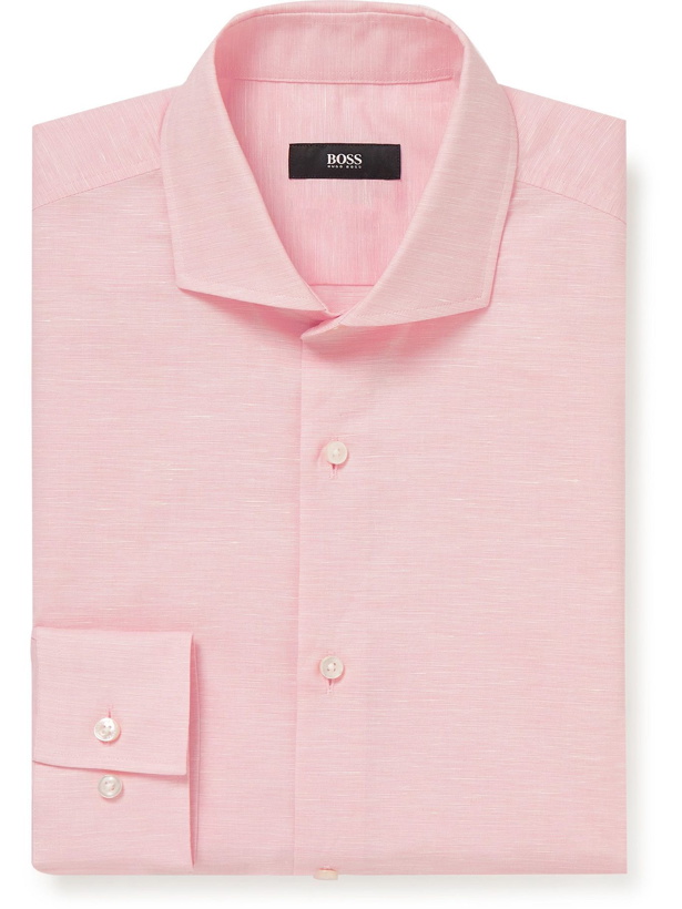 Photo: HUGO BOSS - Jason Slim-Fit Cutaway-Collar Cotton and Hemp-Blend Shirt - Pink