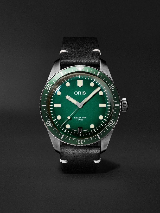 Photo: Oris - MR PORTER Divers-Sixty Five 10th Birthday Limited Edition Automatic 40mm PVD-Coated Stainless Steel and Leather Watch, Ref. No. 01 400 7772 4217-Set - Green