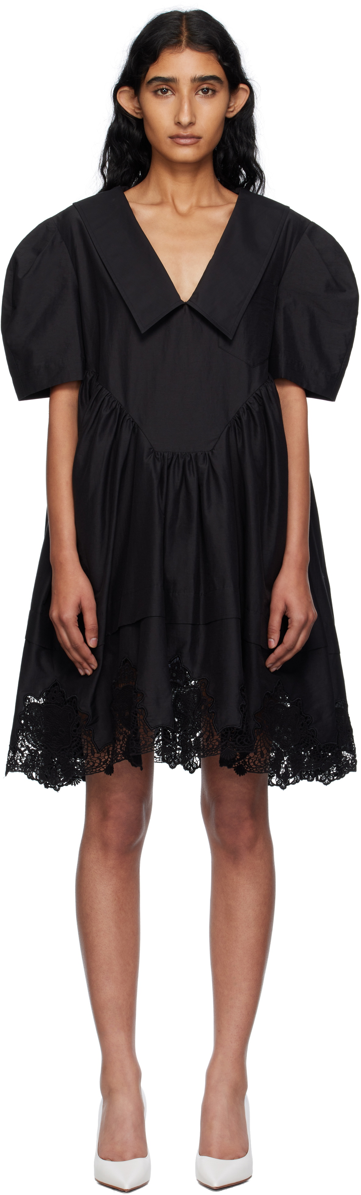 Pushbutton Black Lace Hem Puff Minidress