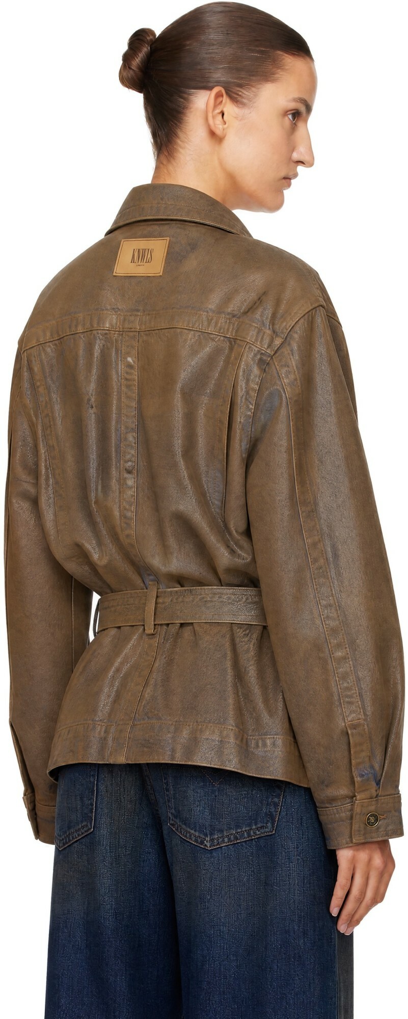 KNWLS Brown Oversized Gloss Coated Denim Jacket