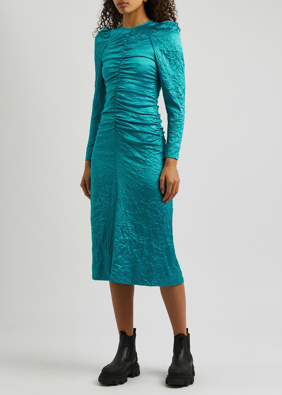 【お値下げ検討】GANNI Crinkled satin midi dress Ganni Crinkled Ruched Satin Midi Dress Blue GANNI