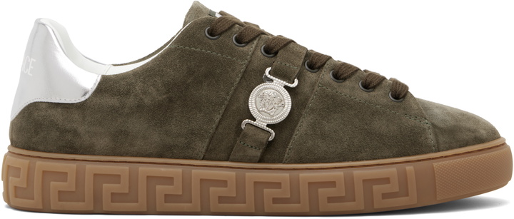 Photo: Versace Khaki Greca Embellished Suede Sneakers