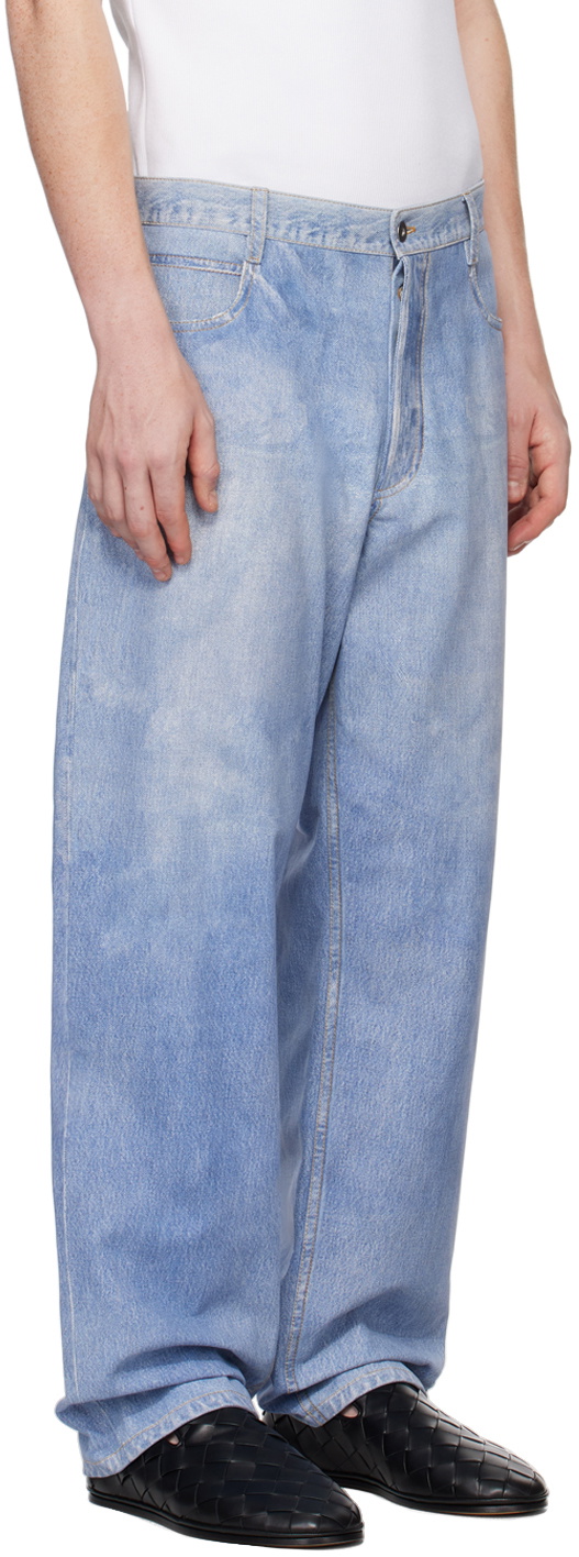 Blue Denim-print leather straight-leg trousers, Bottega Veneta