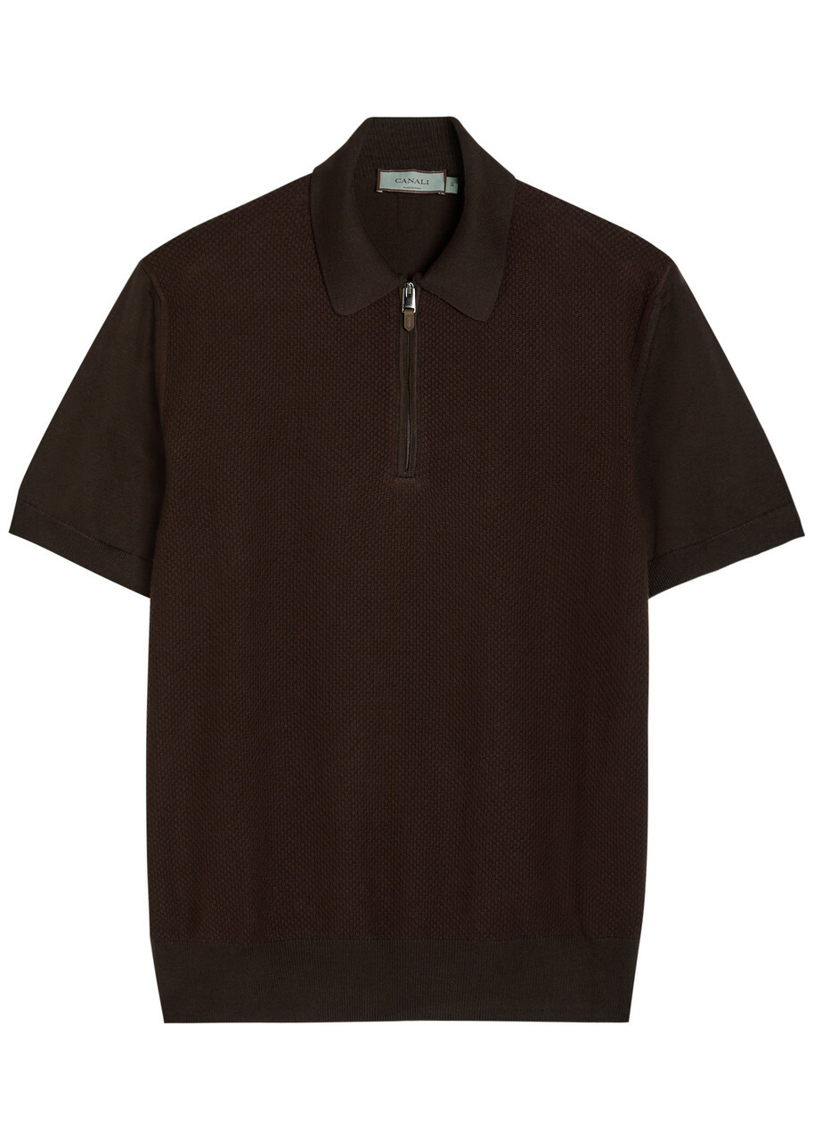 Canali Textured-knit Cotton Polo Shirt Brown