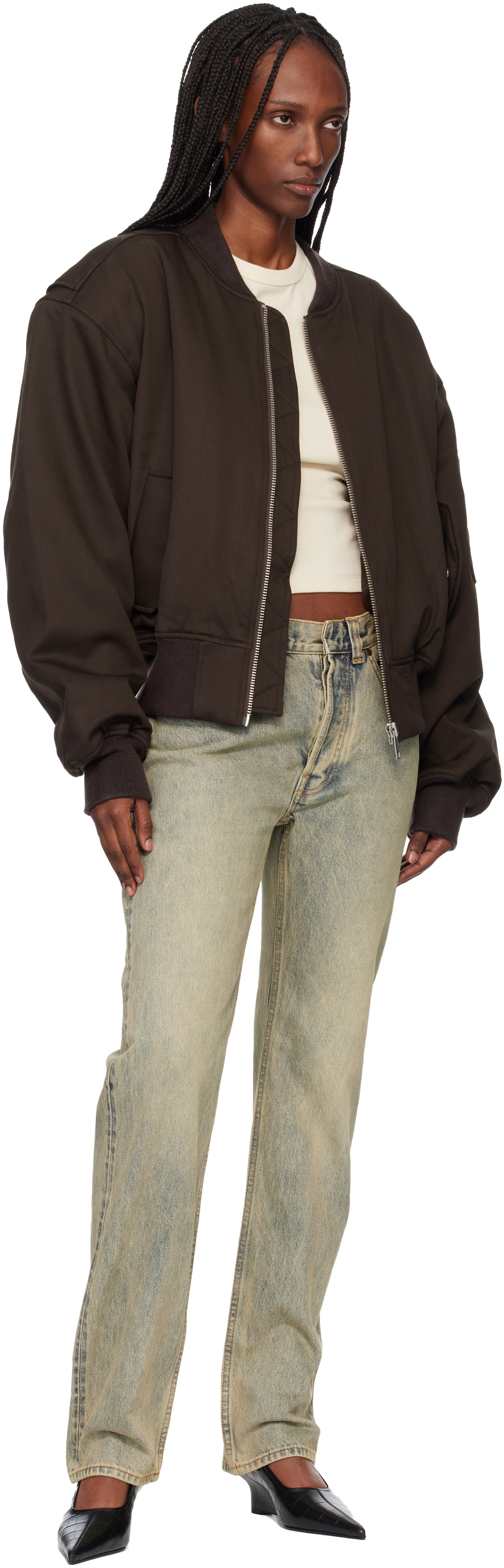 Entire Studios Brown Cropped Broad Suiting Bomber Jacket