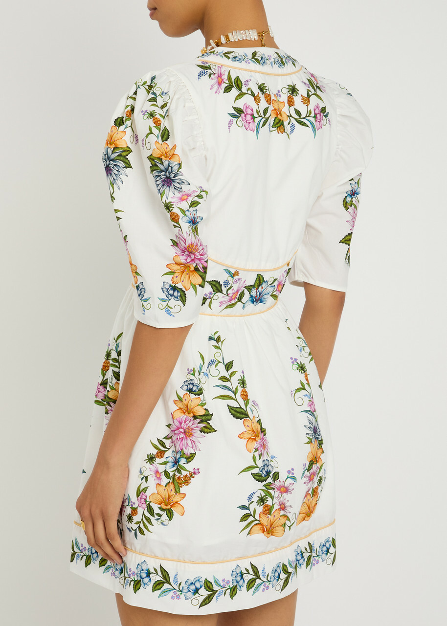 Farm Rio Sweet Bloom Floral-print Cotton Mini Dress White