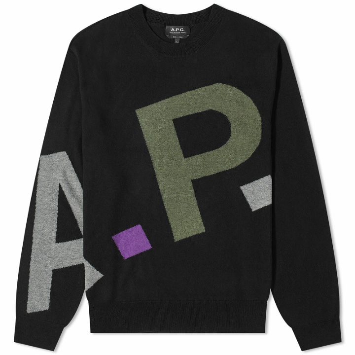 Photo: A.P.C. Men's All Over Logo Crew Knit in Black