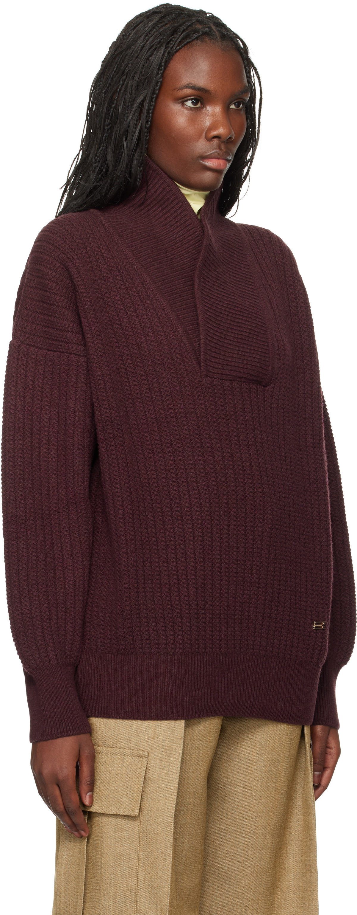 Victoria Beckham Burgundy Shawl Neck Knitted Sweater